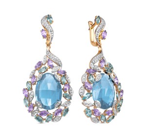 Золотые cерьги висячие с полудрагоценными камнями