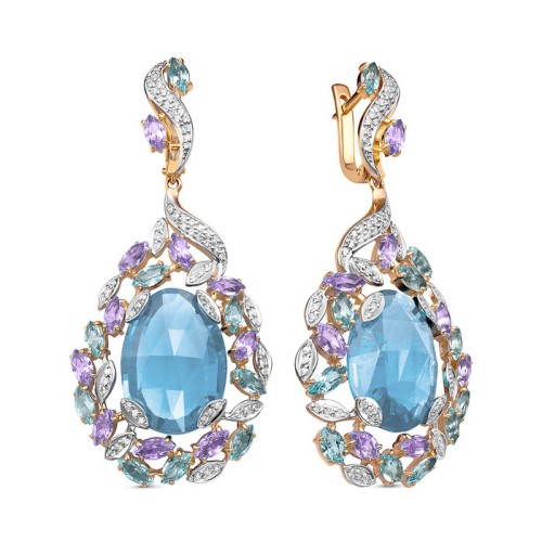 Золотые cерьги висячие с полудрагоценными камнями