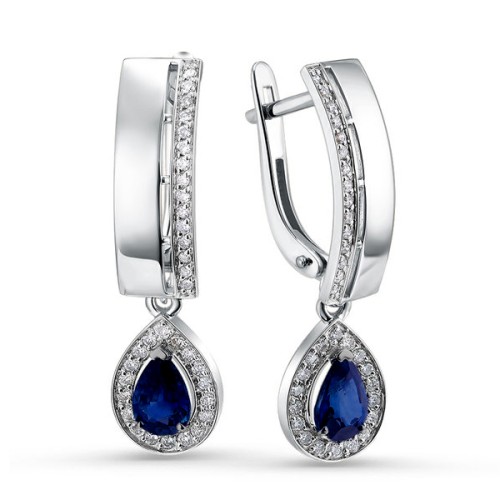 Серьги висячие из белого золота с сапфиром