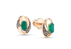 Золотые cерьги пусеты (гвоздики) с агатом зеленым