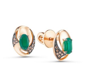 Золотые cерьги пусеты (гвоздики) с агатом зеленым