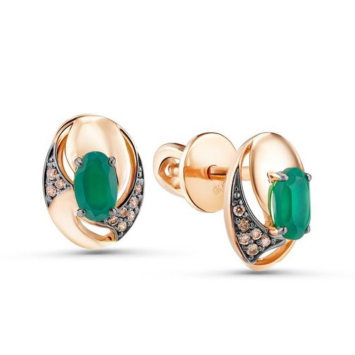 Золотые cерьги пусеты (гвоздики) с агатом зеленым