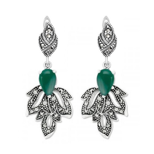 Серебряные cерьги висячие с агатом зеленым