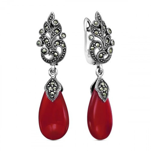 Серебряные cерьги висячие с кораллом