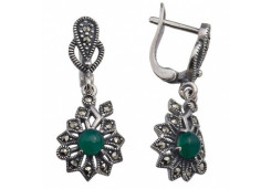 Серебряные cерьги висячие с агатом зеленым