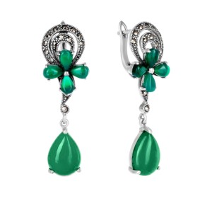 Серебряные cерьги висячие с агатом зеленым