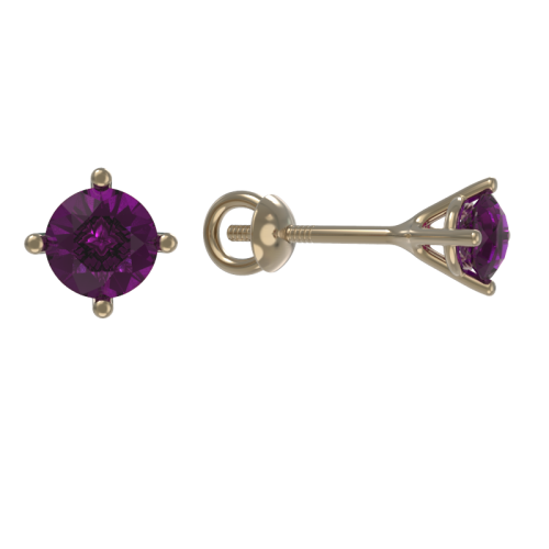 Золотые cерьги пусеты (гвоздики) с аметистом
