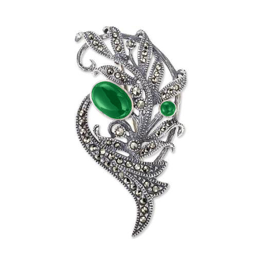 Брошь из серебра с агатом зеленым