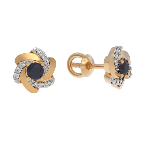 Золотые cерьги пусеты (гвоздики) с сапфиром