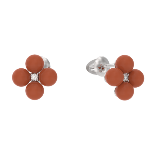 Серебряные cерьги пусеты (гвоздики) с кораллом