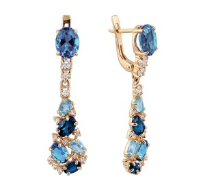 Золотые cерьги висячие с полудрагоценными камнями