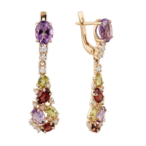 Золотые cерьги висячие с полудрагоценными камнями