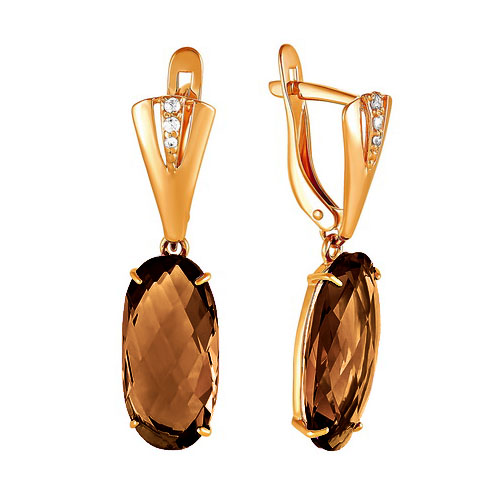 Золотые cерьги висячие с раух-топазом