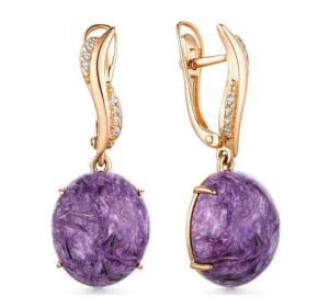 Золотые cерьги висячие с чароитом