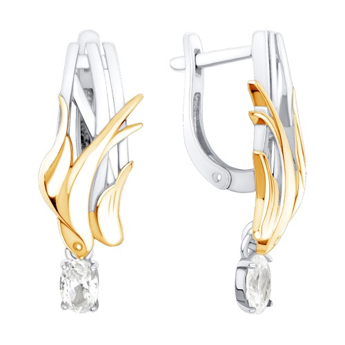 Серебряные cерьги висячие с позолотой с фианитом