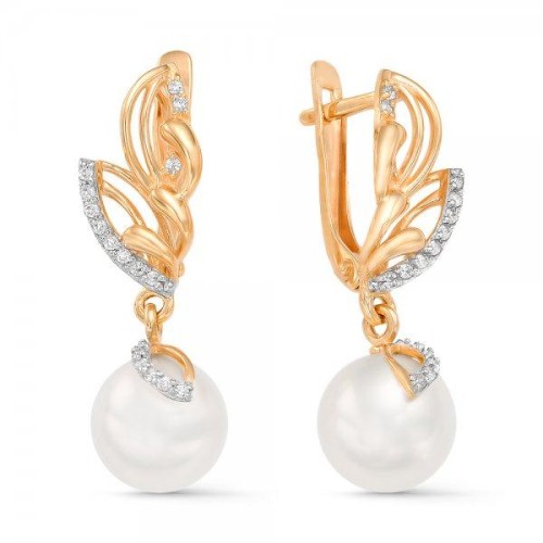 Золотые cерьги висячие с жемчугом