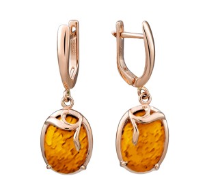 Золотые cерьги висячие с янтарем