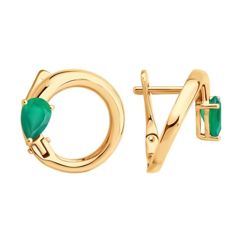 Золотые cерьги классические с агатом зеленым