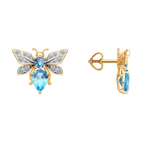 Золотые cерьги пусеты (гвоздики) с топазом