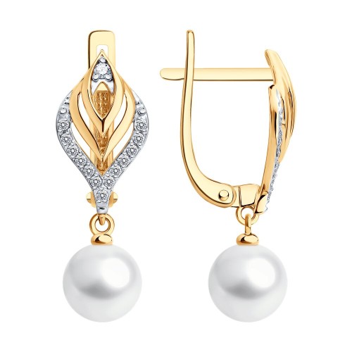 Золотые cерьги висячие с жемчугом