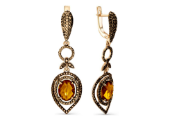 Золотые cерьги висячие с янтарем