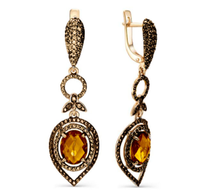 Золотые cерьги висячие с янтарем