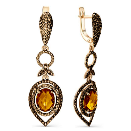 Золотые cерьги висячие с янтарем