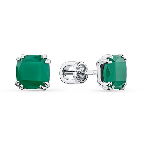 Серебряные cерьги пусеты (гвоздики) с агатом зеленым