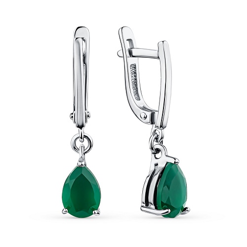 Серебряные cерьги висячие с агатом зеленым