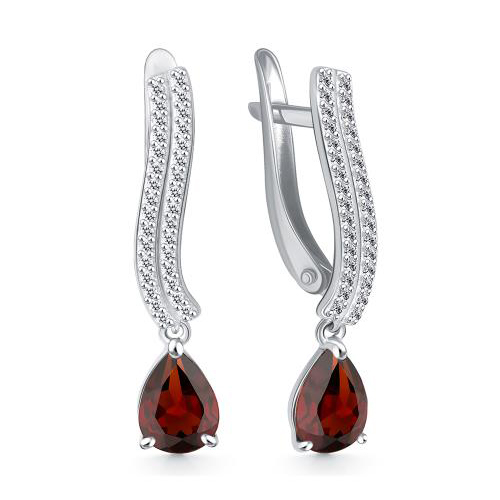 Серебряные cерьги висячие с гранатом