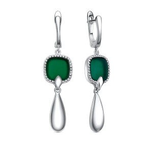 Серебряные cерьги висячие с агатом зеленым