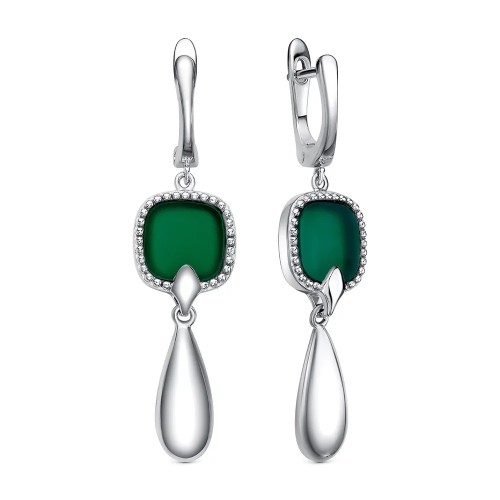 Серебряные cерьги висячие с агатом зеленым