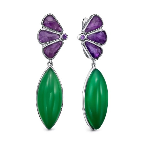 Серебряные cерьги висячие с агатом зеленым