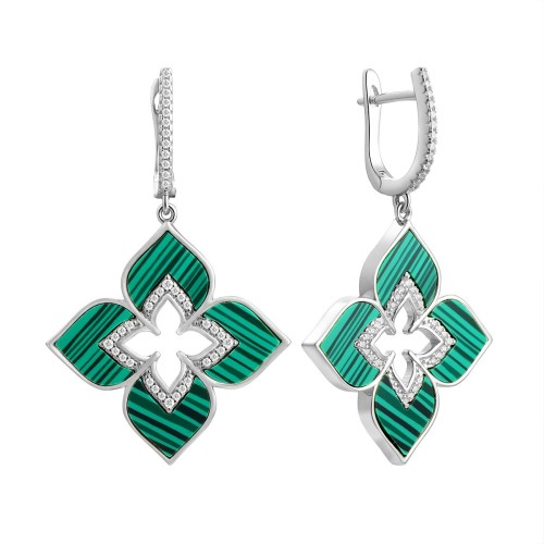 Серебряные cерьги висячие с малахитом