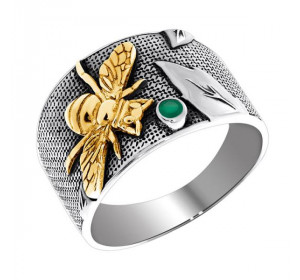 Серебряное кольцо с позолотой с агатом зеленым