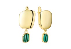 Серебряные cерьги висячие с позолотой с малахитом