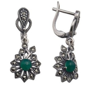 Серебряные cерьги висячие с агатом зеленым