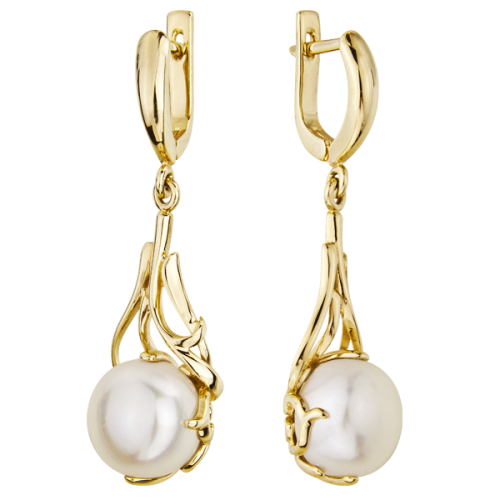 Серьги висячие из желтого золота с жемчугом
