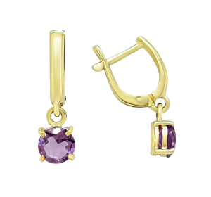 Серьги висячие из желтого золота с аметистом
