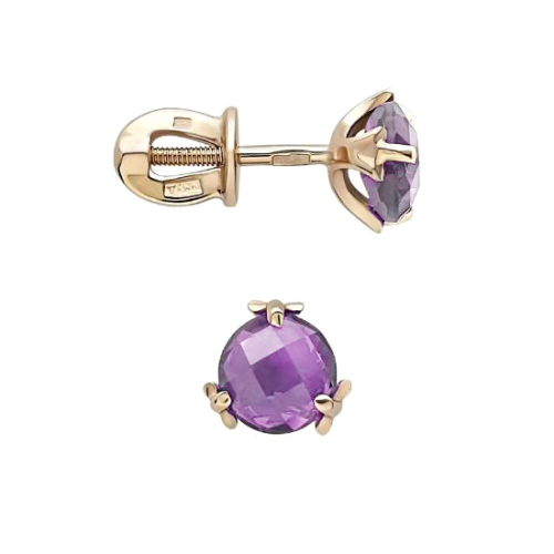 Золотые cерьги пусеты (гвоздики) с аметистом