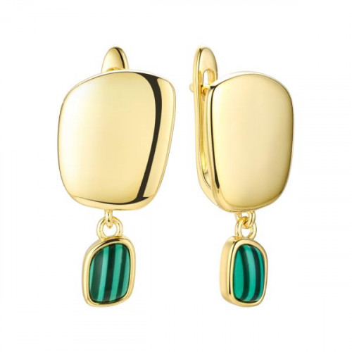 Серебряные cерьги висячие с позолотой с малахитом