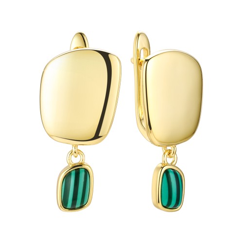 Серебряные cерьги висячие с позолотой с малахитом