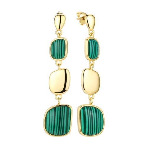 Серебряные cерьги пусеты (гвоздики) с позолотой с малахитом