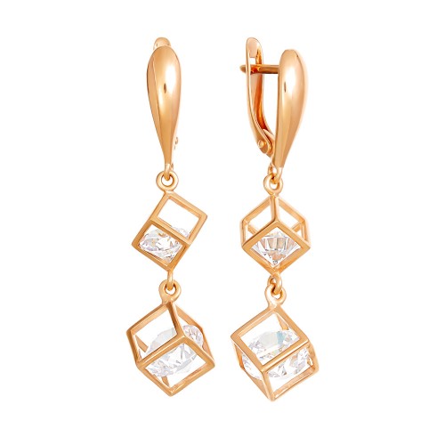 Серебряные cерьги висячие с позолотой с фианитом