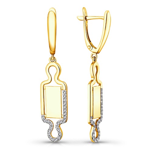 Серьги висячие из желтого золота с фианитом