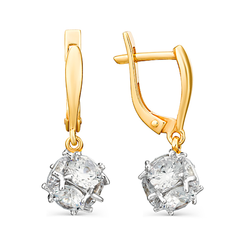 Серебряные cерьги висячие с позолотой с фианитом