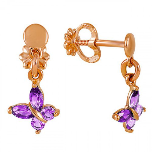 Золотые cерьги пусеты (гвоздики) с аметистом