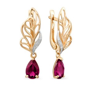 Золотые cерьги висячие с рубином