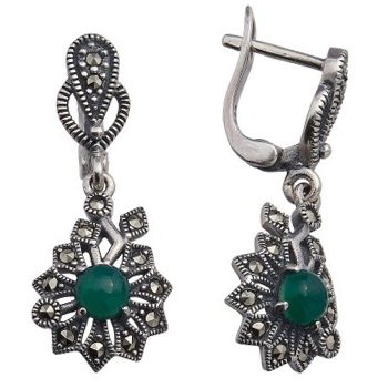 Серебряные cерьги висячие с агатом зеленым