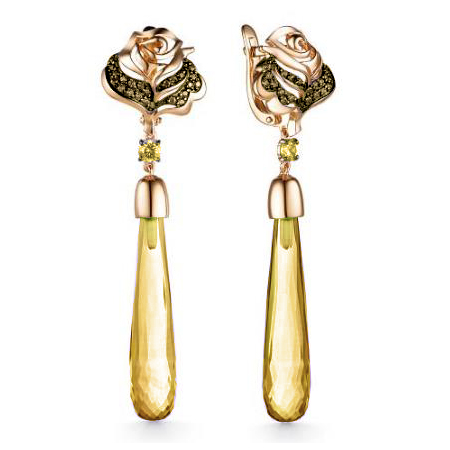 Золотые cерьги висячие с цитрином